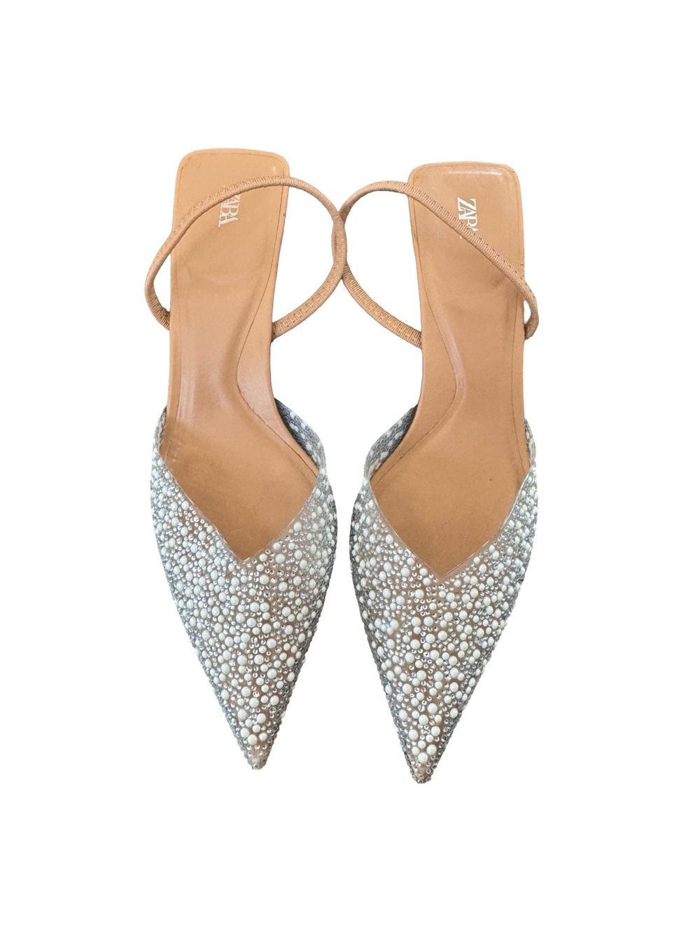 ZARA Tan Pearl-Embellished Pointed Toe Slingback Flats Size 41